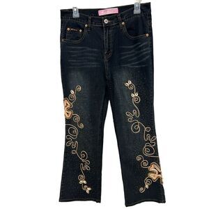 Sassy Thai Women's Blue Denim Jeans size 8 Bell Bottoms Beads Rhinestones Shells